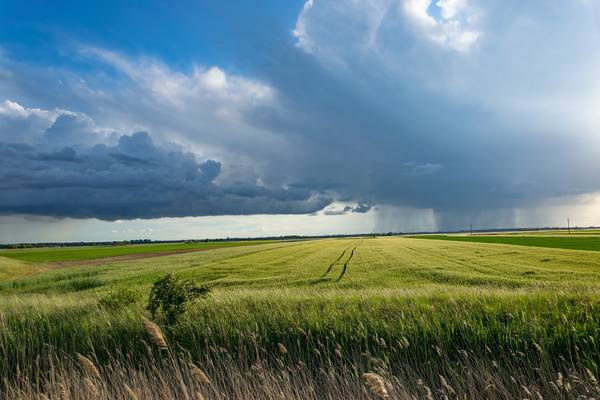 Landschaft mit Feldern unter einem herannahenden Gewitterhimmel